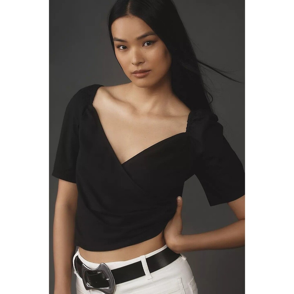 By Anthropologie Puff-Sleeve Wrap Blouse Cropped Top Black Classic XL NWT 280448